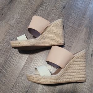 Cream and tan strappy wedge sandals